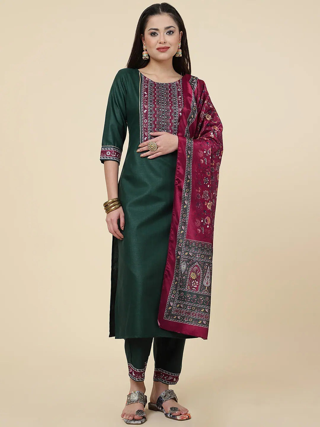 Women Straight Kurta Set With Pant And Dupata dark Green