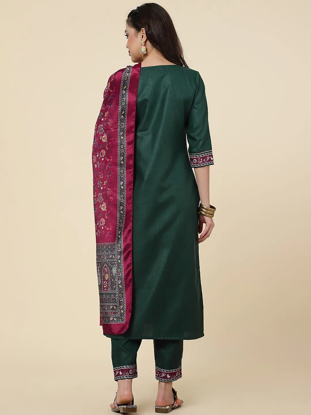 Women Straight Kurta Set With Pant And Dupata dark Green