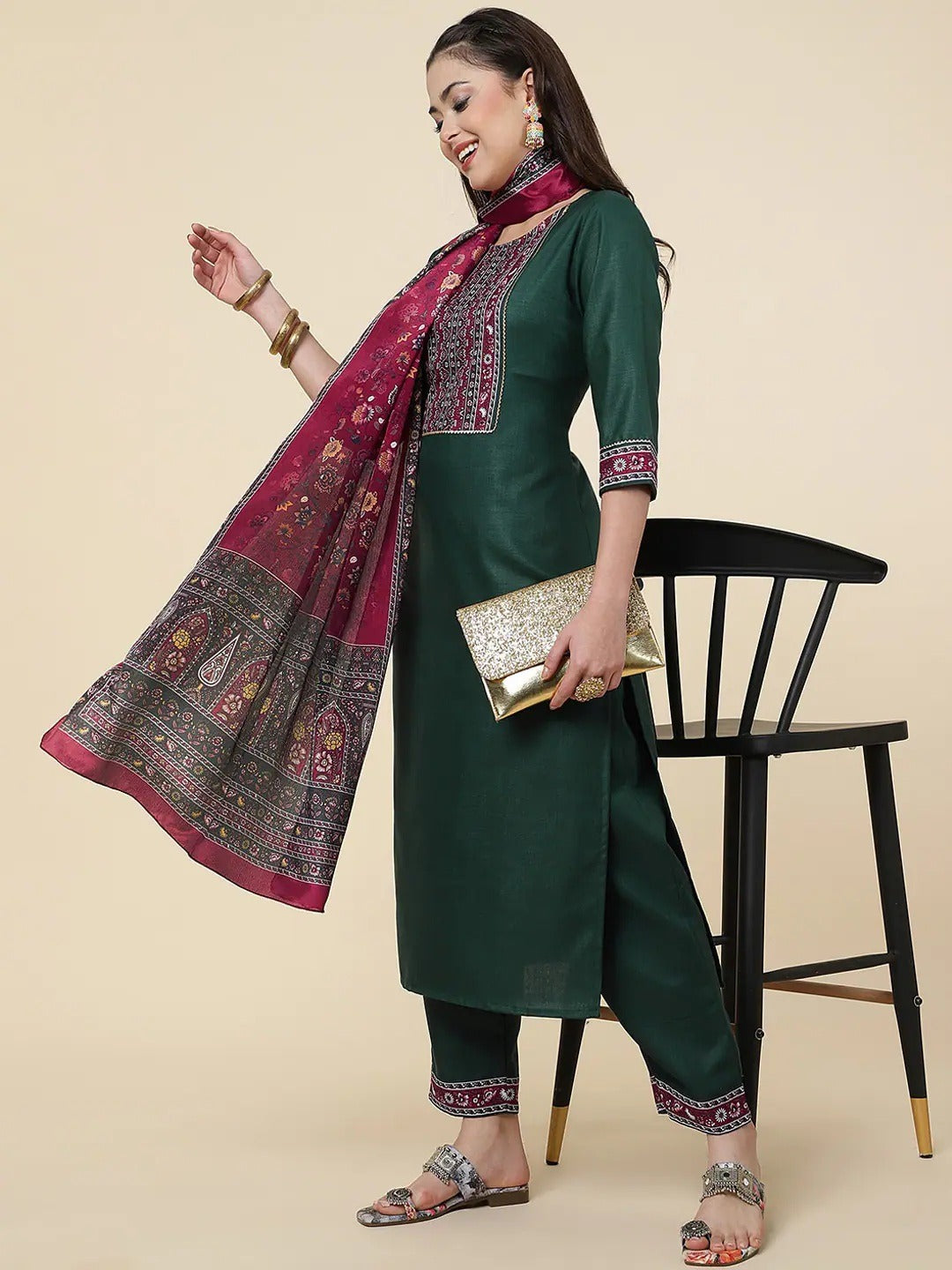 Women Straight Kurta Set With Pant And Dupata dark Green