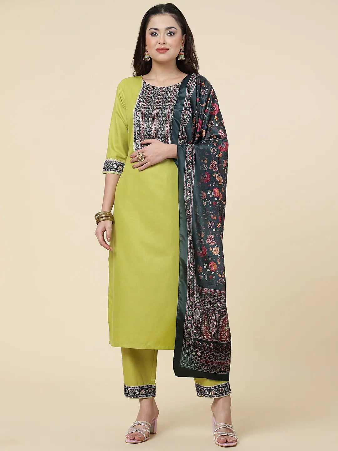 Women Straight Kurta Set With Pant And Dupata Lemon Yellow