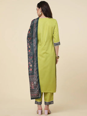 Women Straight Kurta Set With Pant And Dupata Lemon Yellow