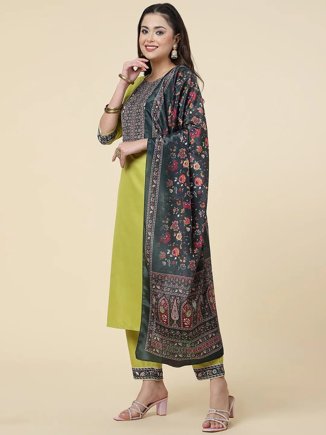 Women Straight Kurta Set With Pant And Dupata Lemon Yellow