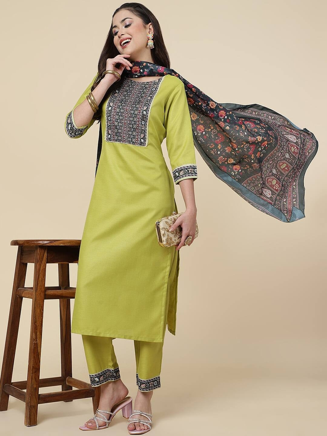 Women Straight Kurta Set With Pant And Dupata Lemon Yellow