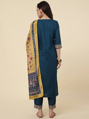 Women Straight Kurta Set With Pant And Dupata Blue