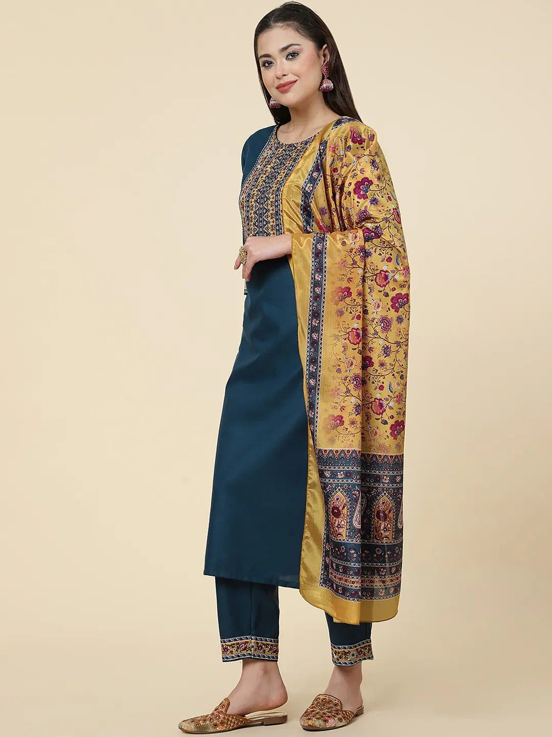 Women Straight Kurta Set With Pant And Dupata Blue