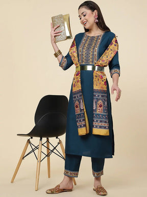 Women Straight Kurta Set With Pant And Dupata Blue