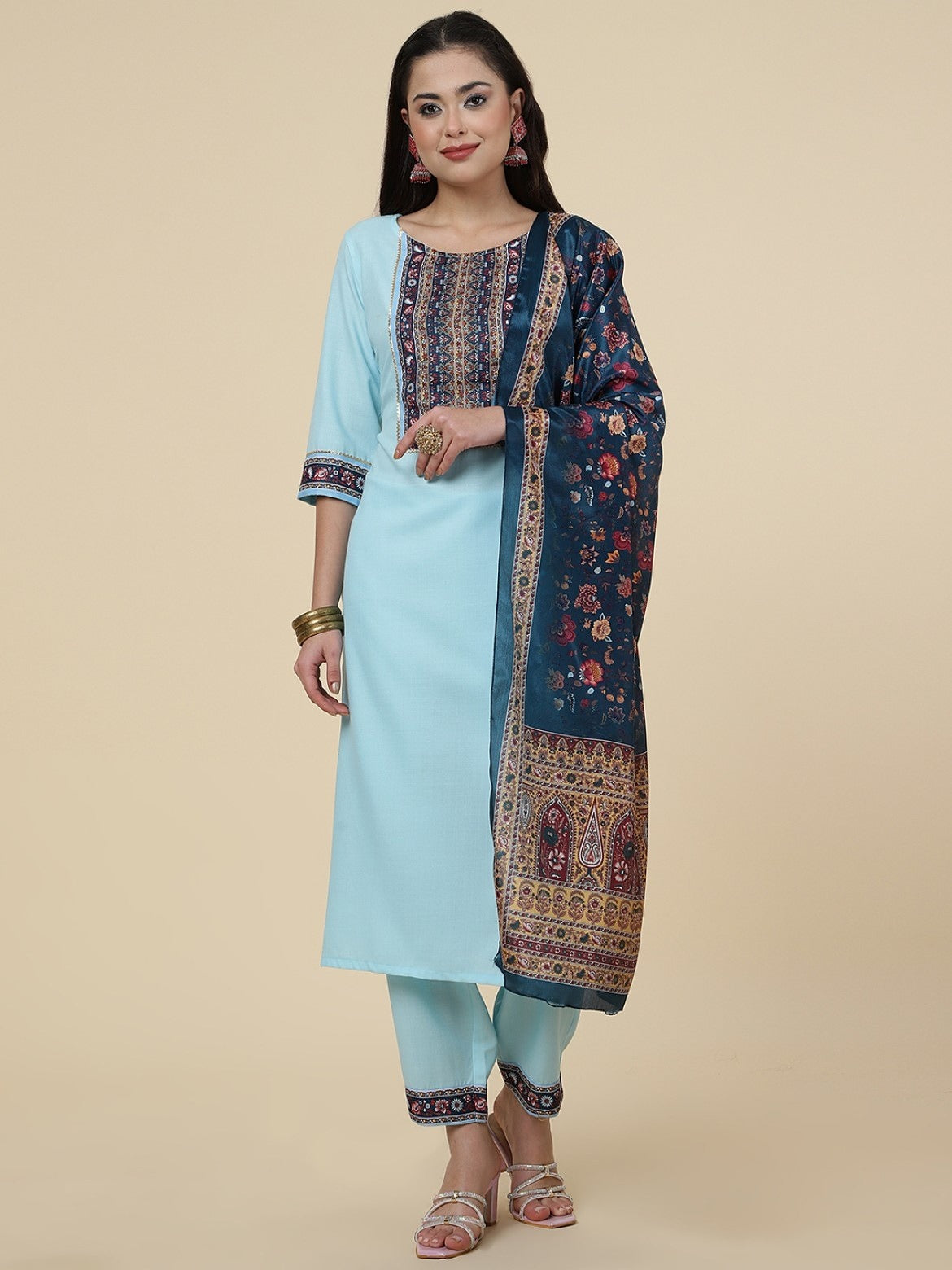 Women Straight Kurta Set With Pant And Dupata Sky Blue