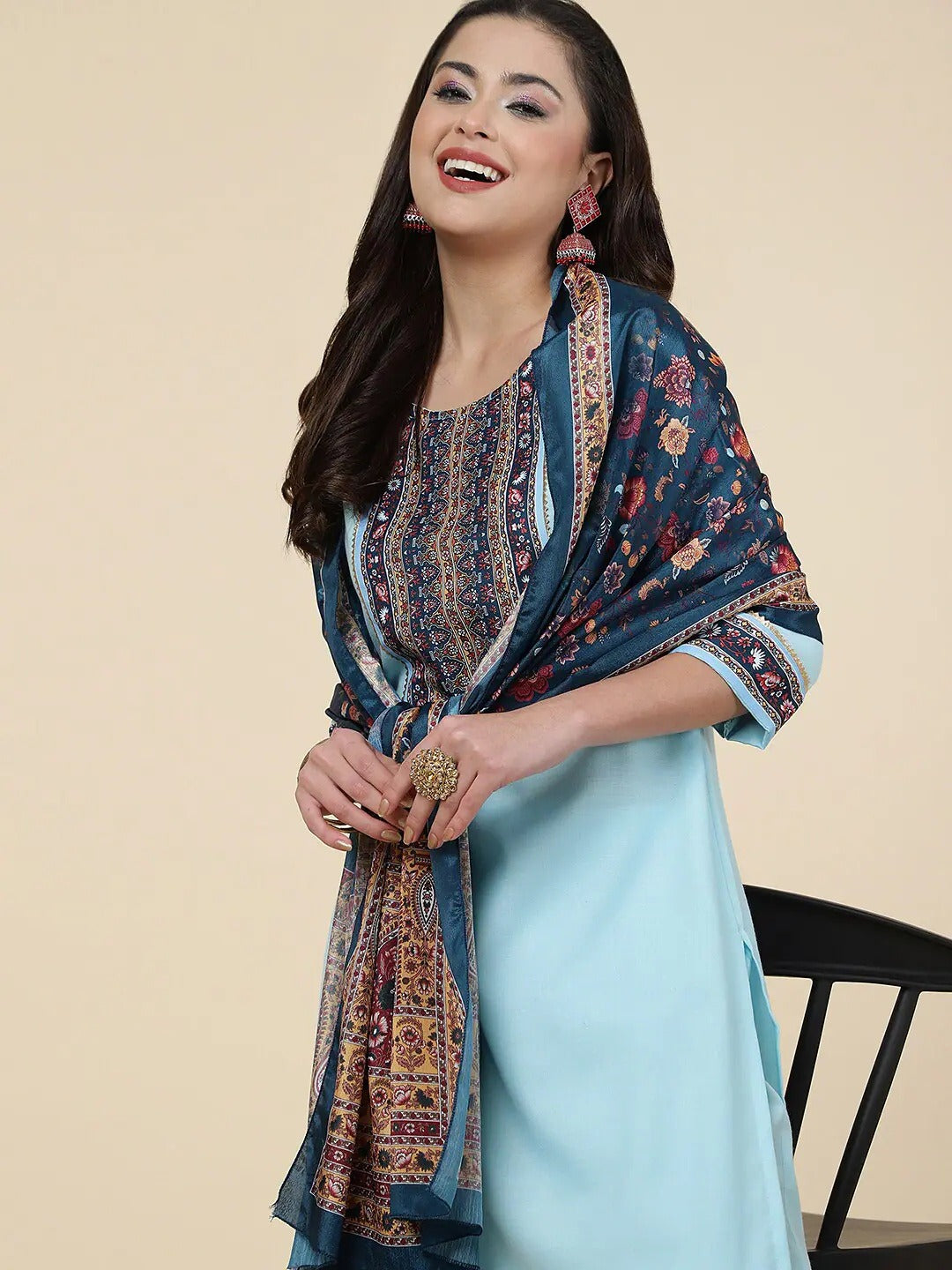 Women Straight Kurta Set With Pant And Dupata Sky Blue