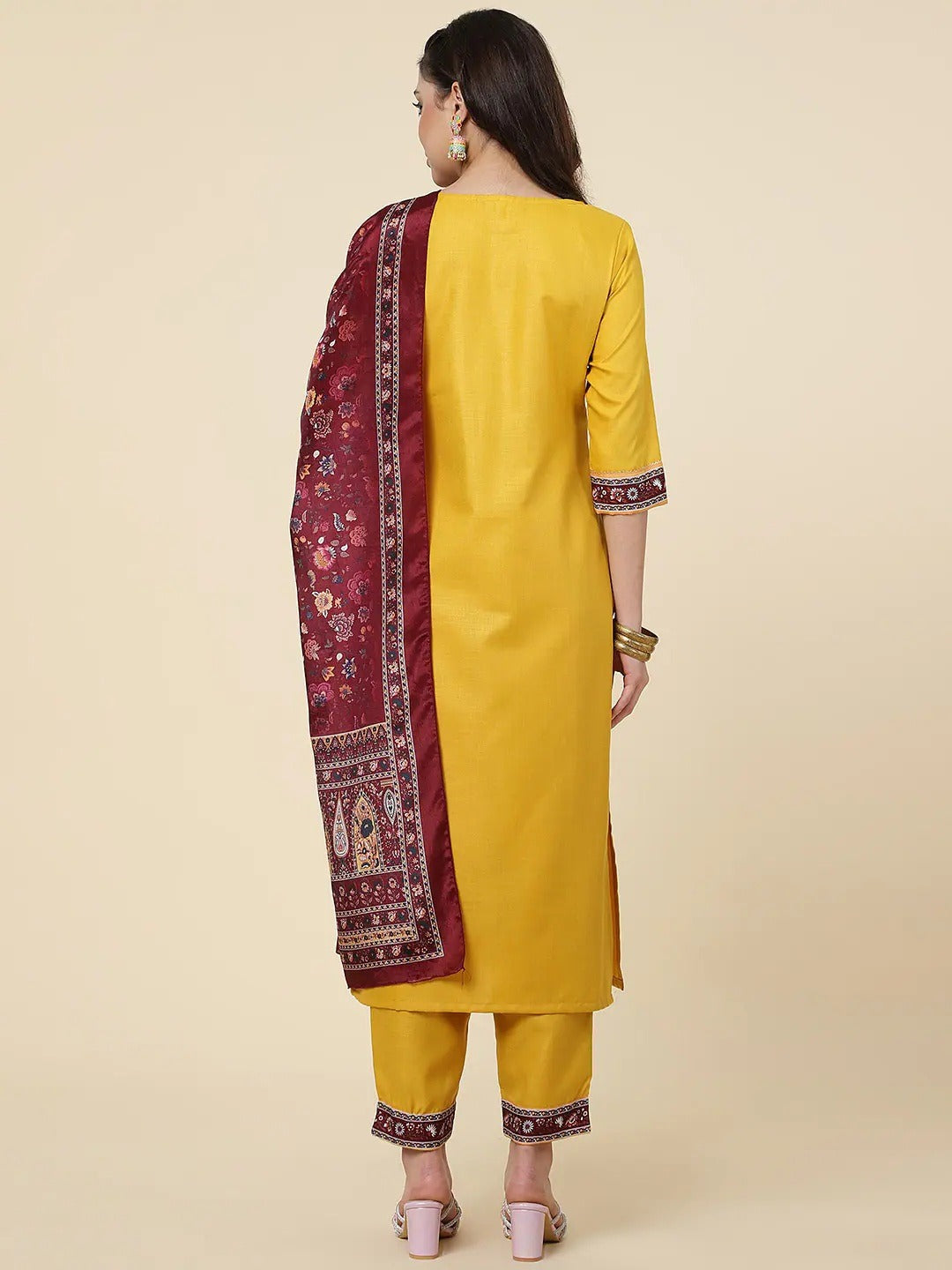 Women Straight Kurta Set With Pant And Dupata Yellow