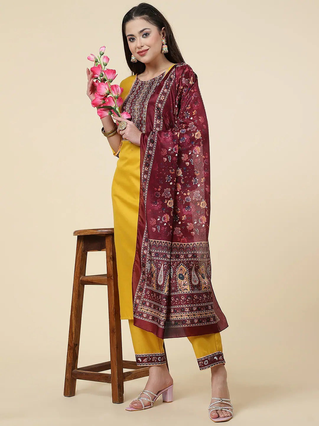 Women Straight Kurta Set With Pant And Dupata Yellow