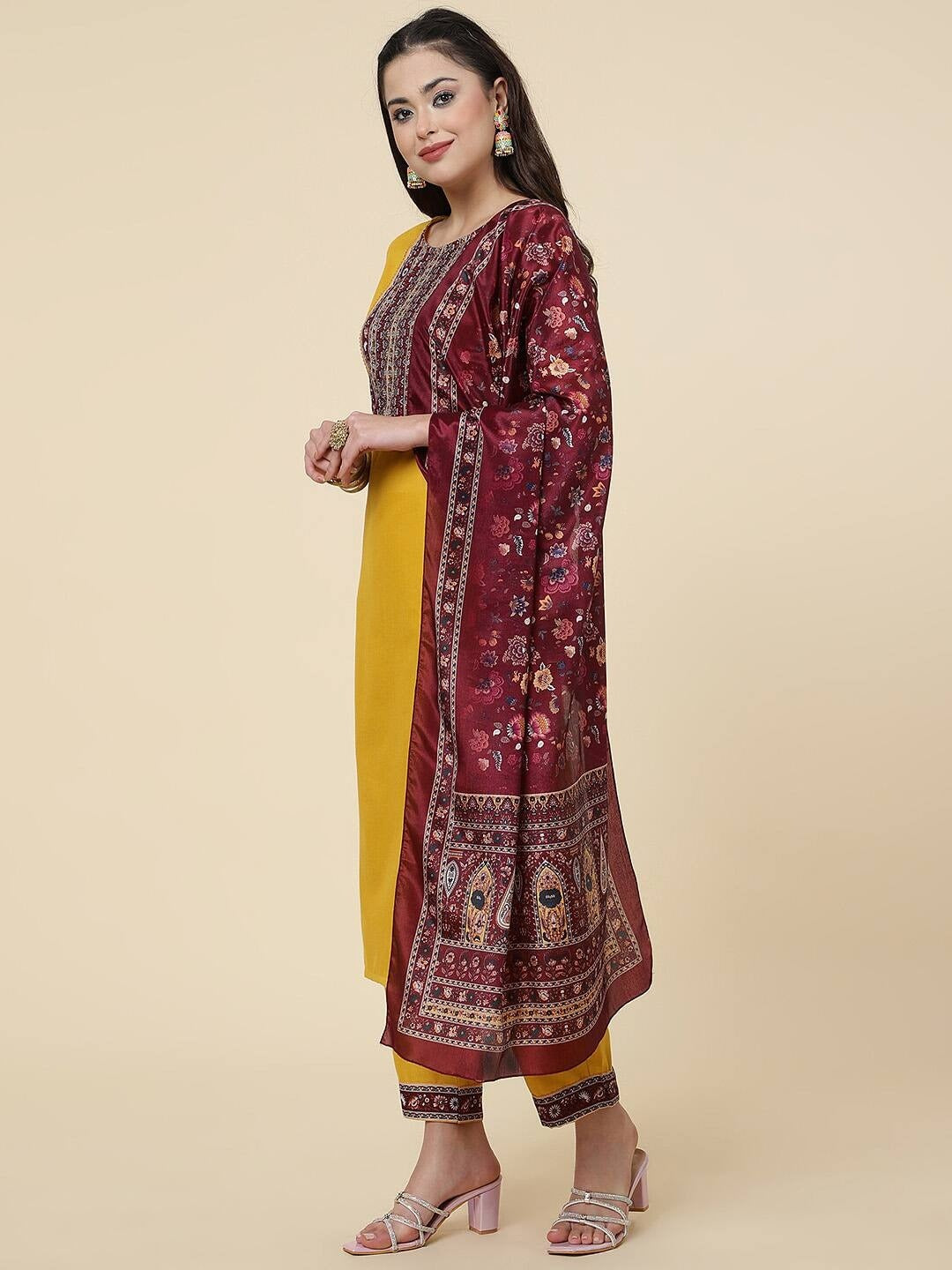 Women Straight Kurta Set With Pant And Dupata Yellow